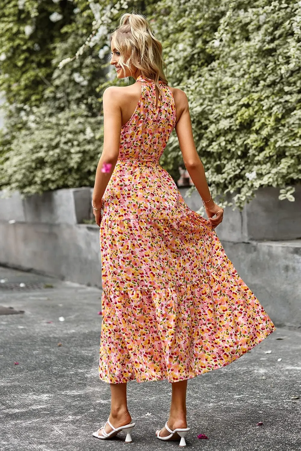 PRETTYGARDEN Women's Summer Floral Maxi Sun Dress Sleeveless Halter Neck Flowy Ruffle Hem Long Boho Dresses with Belt