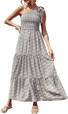 PRETTYGARDEN Women's Summer Floral One Shoulder Maxi Dress Knot Ruffle Boho Beach Vacation Wedding Guest Long Dresses