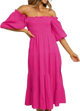 R.Vivimos Women's Summer Cotton Lantern Sleeves Ruffled Off Shoulder A-Line Midi Dresses