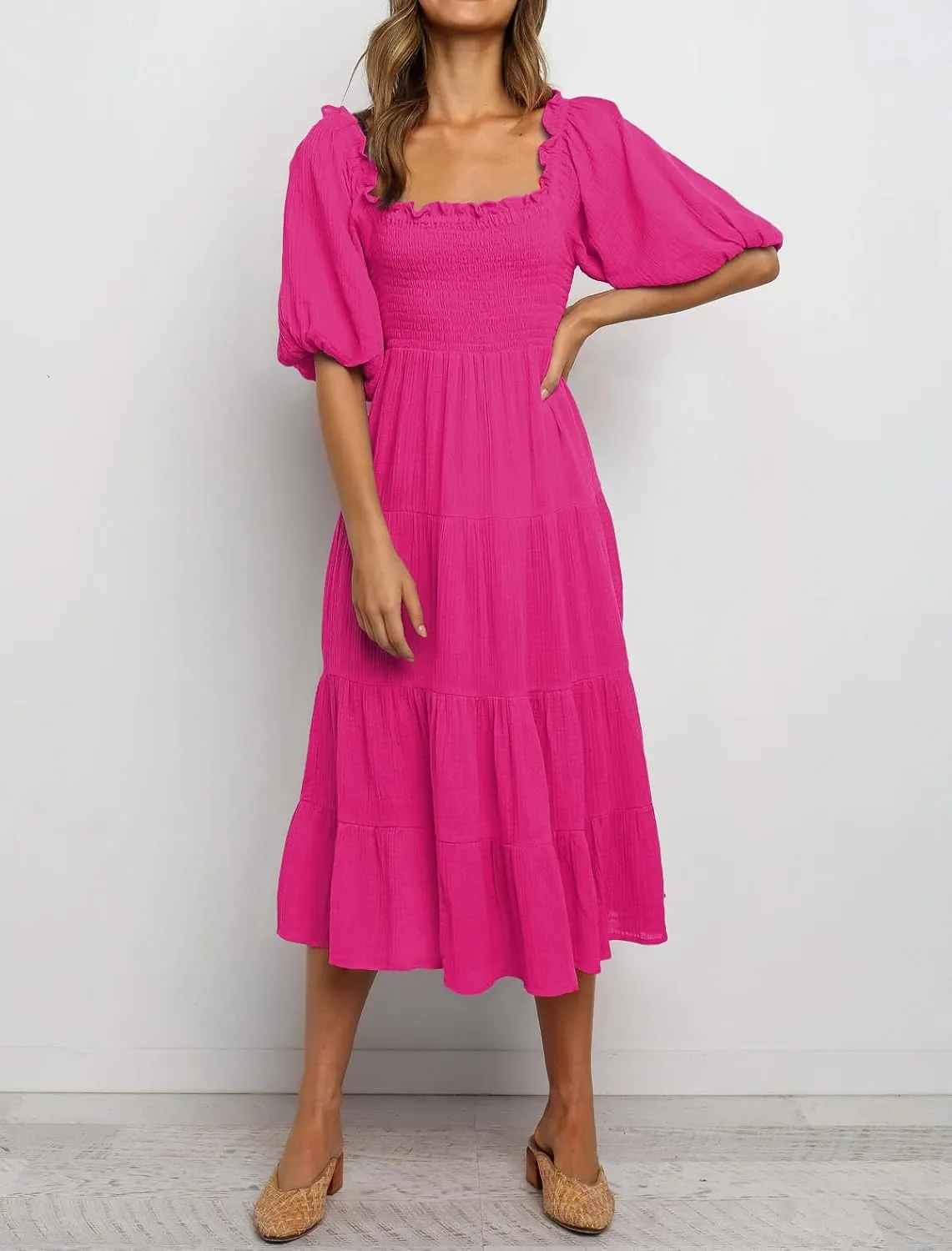 R.Vivimos Women's Summer Cotton Lantern Sleeves Ruffled Off Shoulder A-Line Midi Dresses