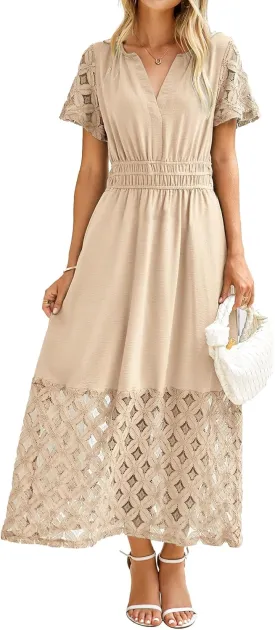 Simplee Womens 2025 Summer Boho Maxi Dress V Neck Empire Waist Long Flowy Dresses with Pockets