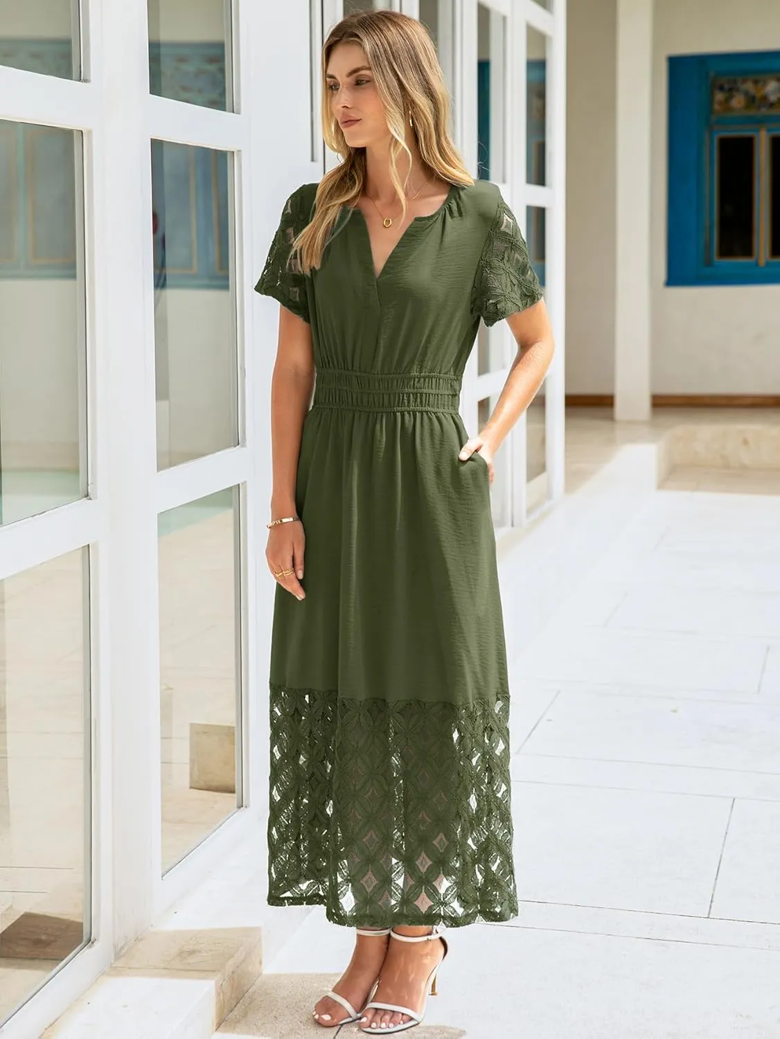 Simplee Womens 2025 Summer Boho Maxi Dress V Neck Empire Waist Long Flowy Dresses with Pockets