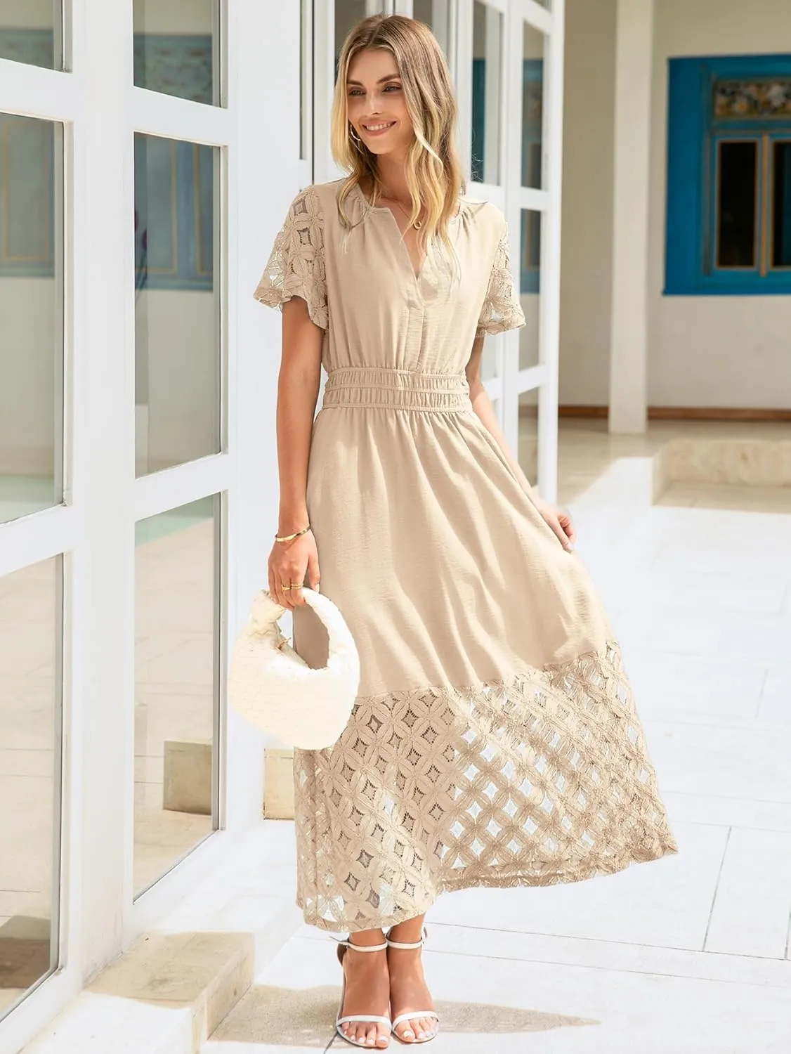 Simplee Womens 2025 Summer Boho Maxi Dress V Neck Empire Waist Long Flowy Dresses with Pockets