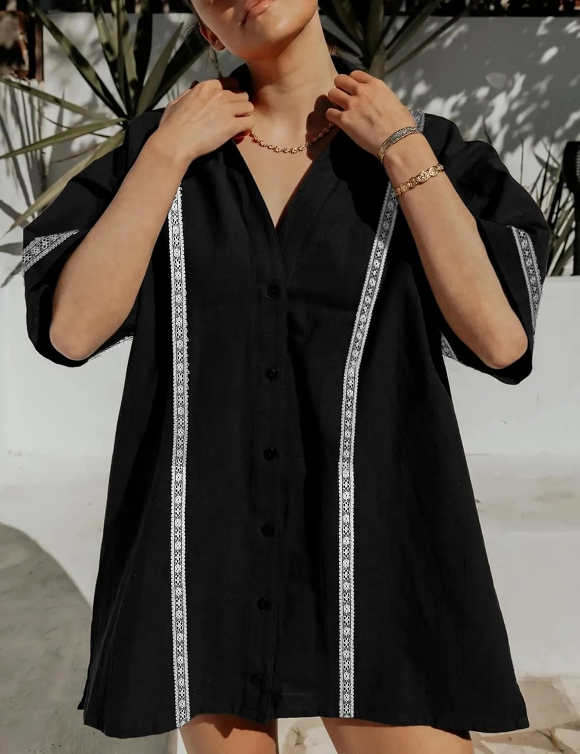 SKIKYAN Womens Summer Button Down Shirt Dress Short Sleeve Oversized Casual Cotton Linen Beach Dresses Lace Tunics Tops