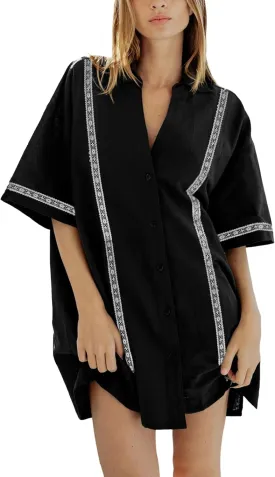SKIKYAN Womens Summer Button Down Shirt Dress Short Sleeve Oversized Casual Cotton Linen Beach Dresses Lace Tunics Tops