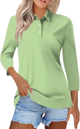 Striped Button Down Shirt Women,3/4 Sleeve Tops V Neck Work Polo Blouses Dressy Casual Collared Elbow Sleeve Tunic