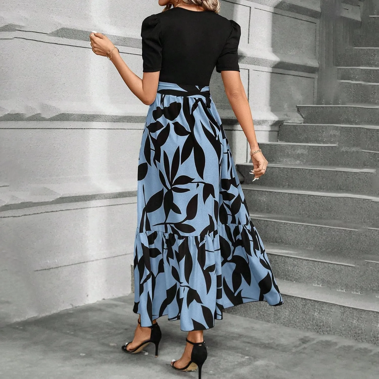 Summer Dresses for Women 2025 Floral Print Wrap Short Sleeve Maxi Dress Patchwork Ruffle Hem A Line Dress