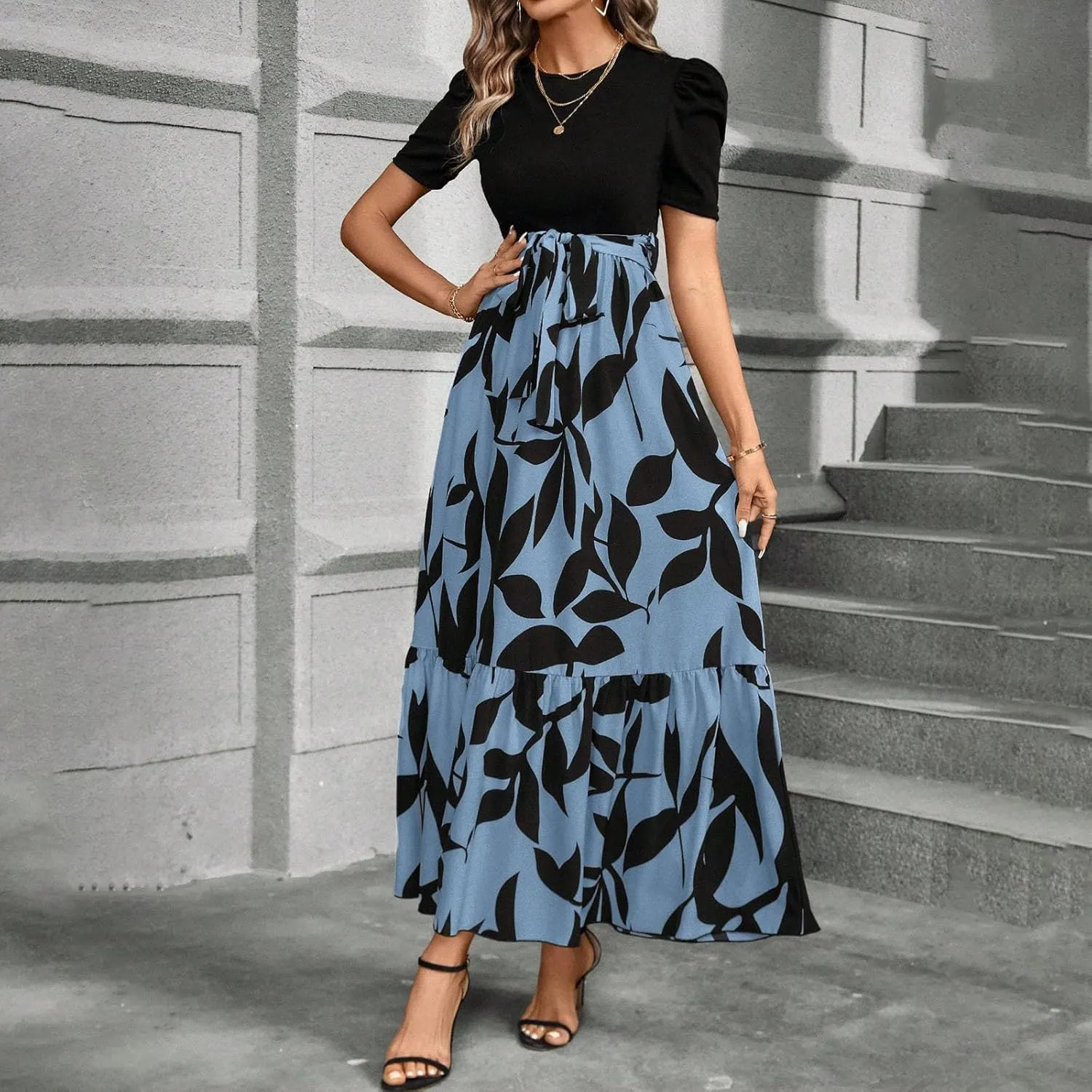Summer Dresses for Women 2025 Floral Print Wrap Short Sleeve Maxi Dress Patchwork Ruffle Hem A Line Dress