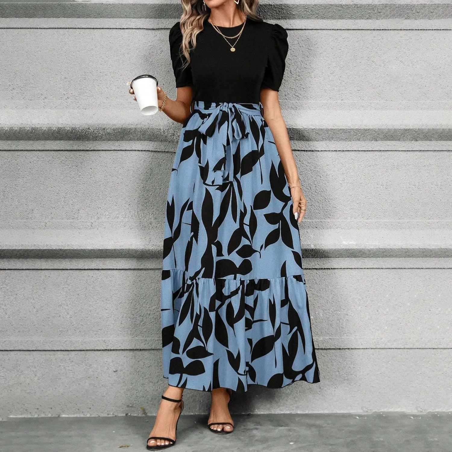 Summer Dresses for Women 2025 Floral Print Wrap Short Sleeve Maxi Dress Patchwork Ruffle Hem A Line Dress