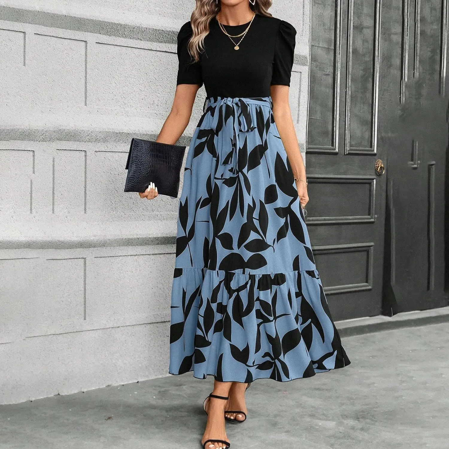 Summer Dresses for Women 2025 Floral Print Wrap Short Sleeve Maxi Dress Patchwork Ruffle Hem A Line Dress
