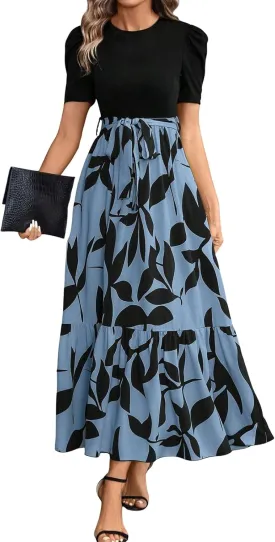 Summer Dresses for Women 2025 Floral Print Wrap Short Sleeve Maxi Dress Patchwork Ruffle Hem A Line Dress