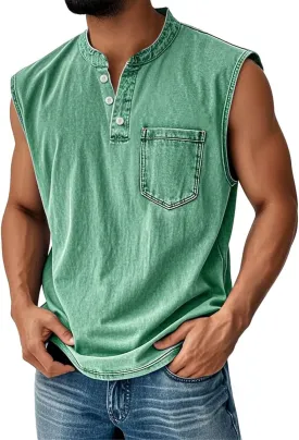 Summer Tops 2025 Men's Polo Shirt Sleeveless Distressed Washed V Neck Button T-Shirt Relaxed Fit Casual Vintage Solid Tee Top
