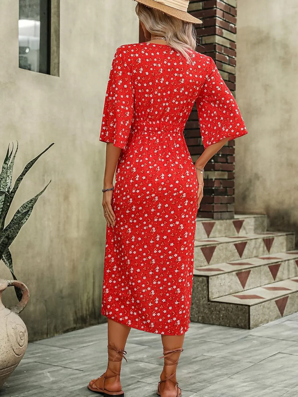 SweatyRocks Women's Half Sleeve Floral Print Wrap Dress Boho V Neck Flowy A Line Midi Dresses