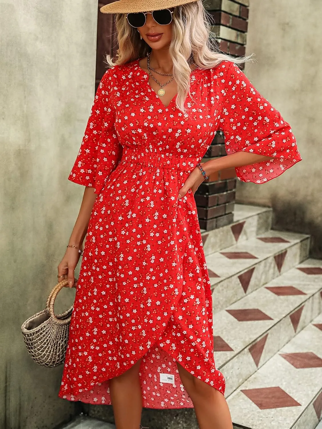 SweatyRocks Women's Half Sleeve Floral Print Wrap Dress Boho V Neck Flowy A Line Midi Dresses