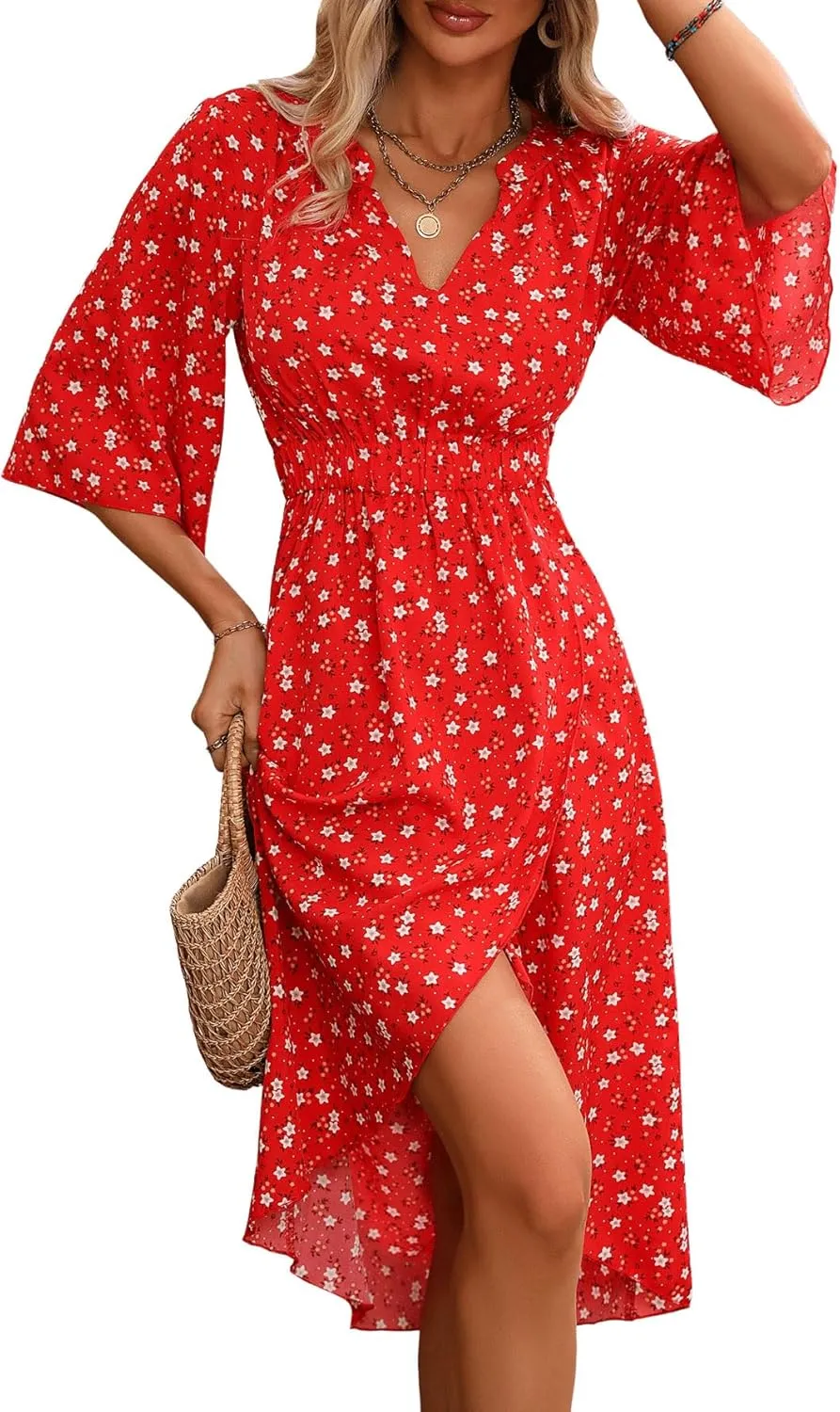 SweatyRocks Women's Half Sleeve Floral Print Wrap Dress Boho V Neck Flowy A Line Midi Dresses