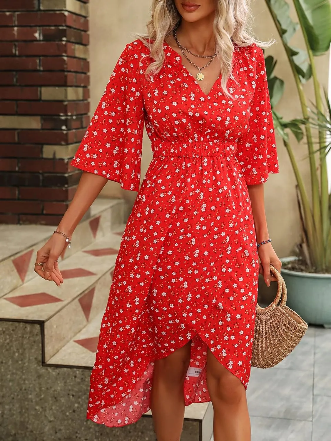 SweatyRocks Women's Half Sleeve Floral Print Wrap Dress Boho V Neck Flowy A Line Midi Dresses