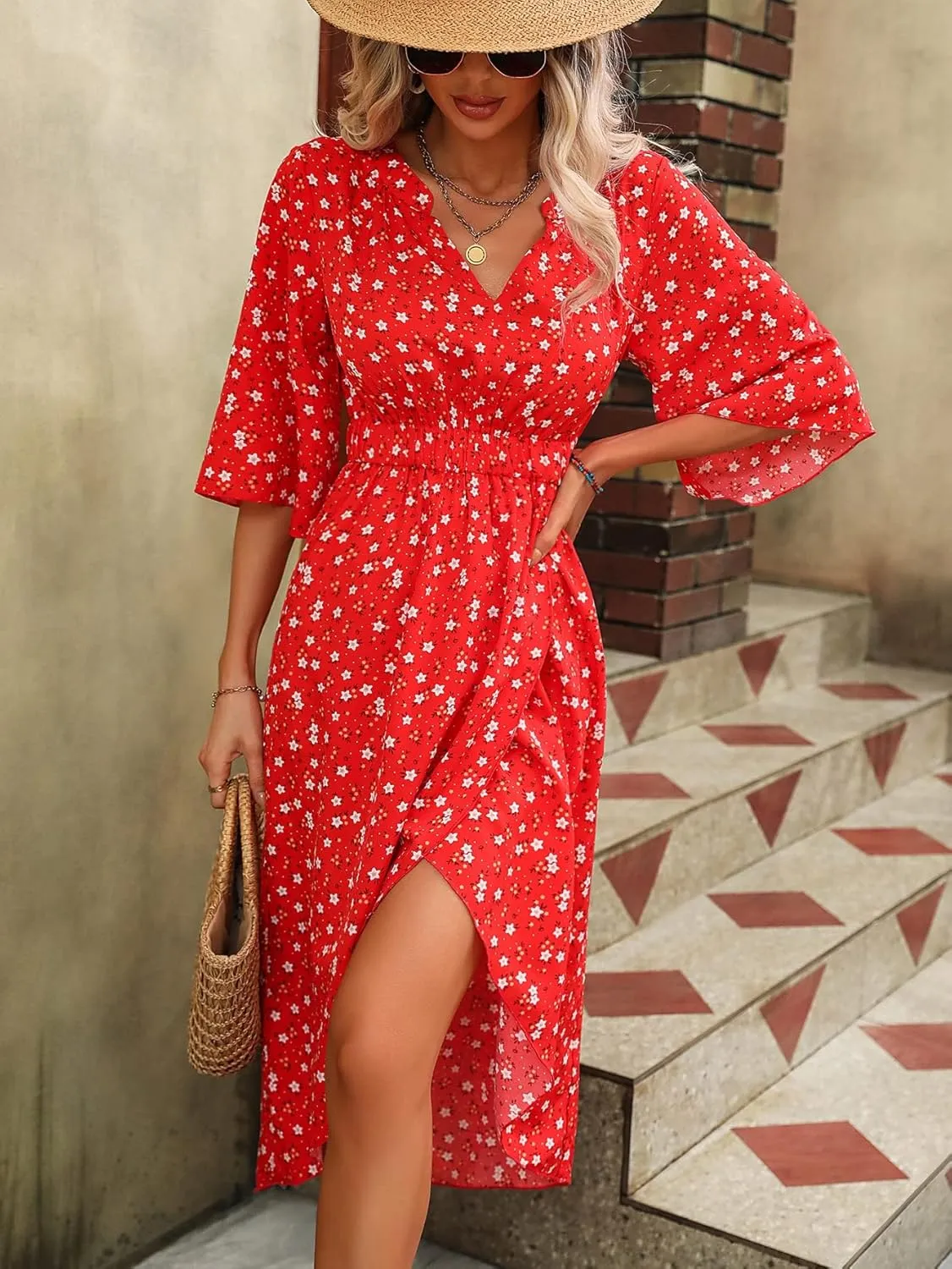 SweatyRocks Women's Half Sleeve Floral Print Wrap Dress Boho V Neck Flowy A Line Midi Dresses