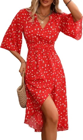 SweatyRocks Women's Half Sleeve Floral Print Wrap Dress Boho V Neck Flowy A Line Midi Dresses