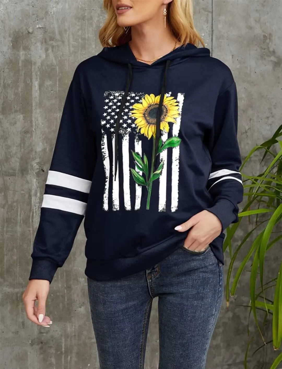 TICTICMIMI Women Sunflower Print Sweatshirts Color Block Long Sleeve Hoodies Lightweight Drawstring Pullover Tops