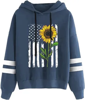 TICTICMIMI Women Sunflower Print Sweatshirts Color Block Long Sleeve Hoodies Lightweight Drawstring Pullover Tops