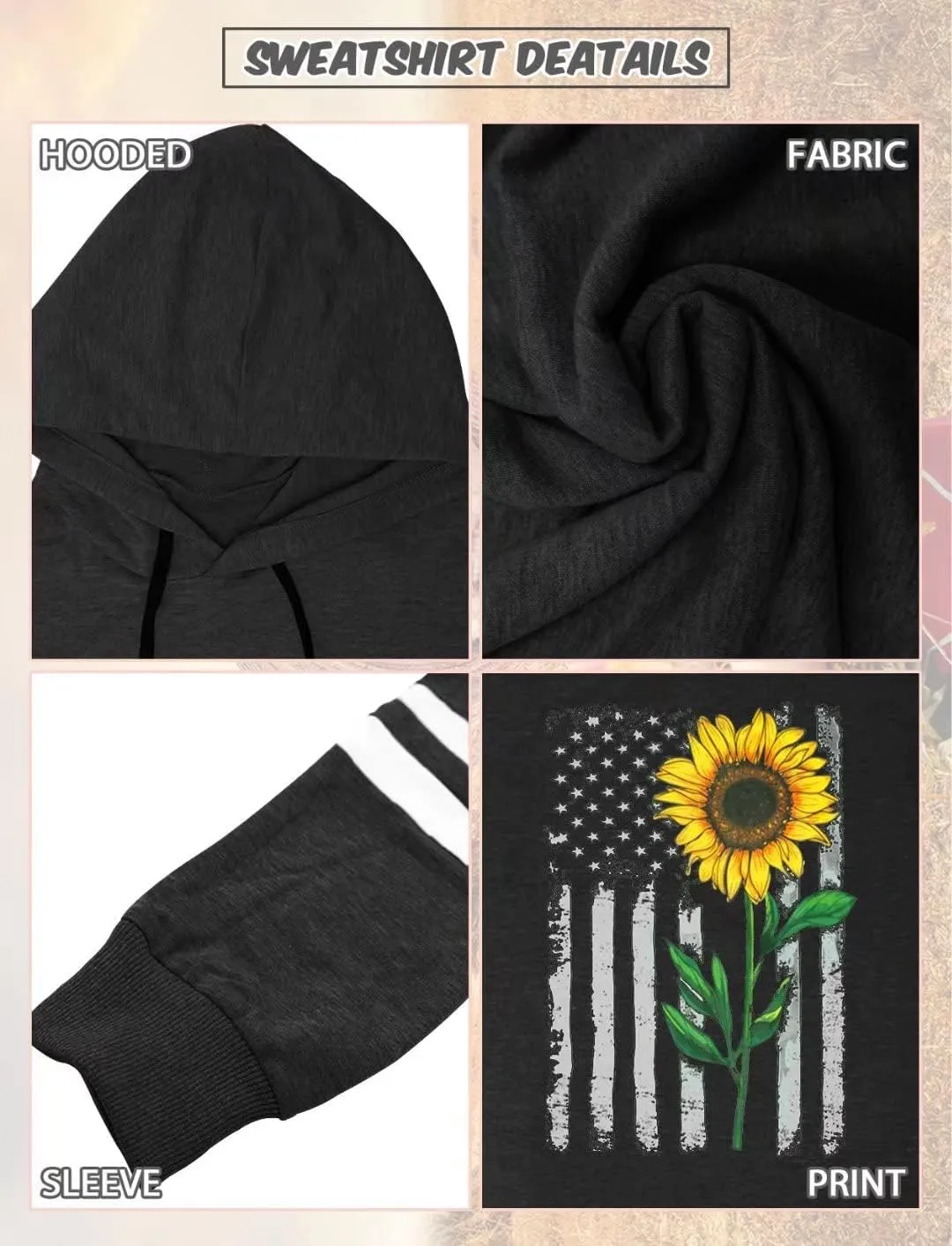 TICTICMIMI Women Sunflower Print Sweatshirts Color Block Long Sleeve Hoodies Lightweight Drawstring Pullover Tops