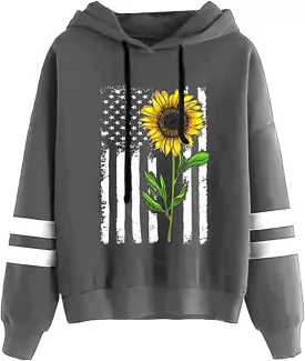 TICTICMIMI Women Sunflower Print Sweatshirts Color Block Long Sleeve Hoodies Lightweight Drawstring Pullover Tops