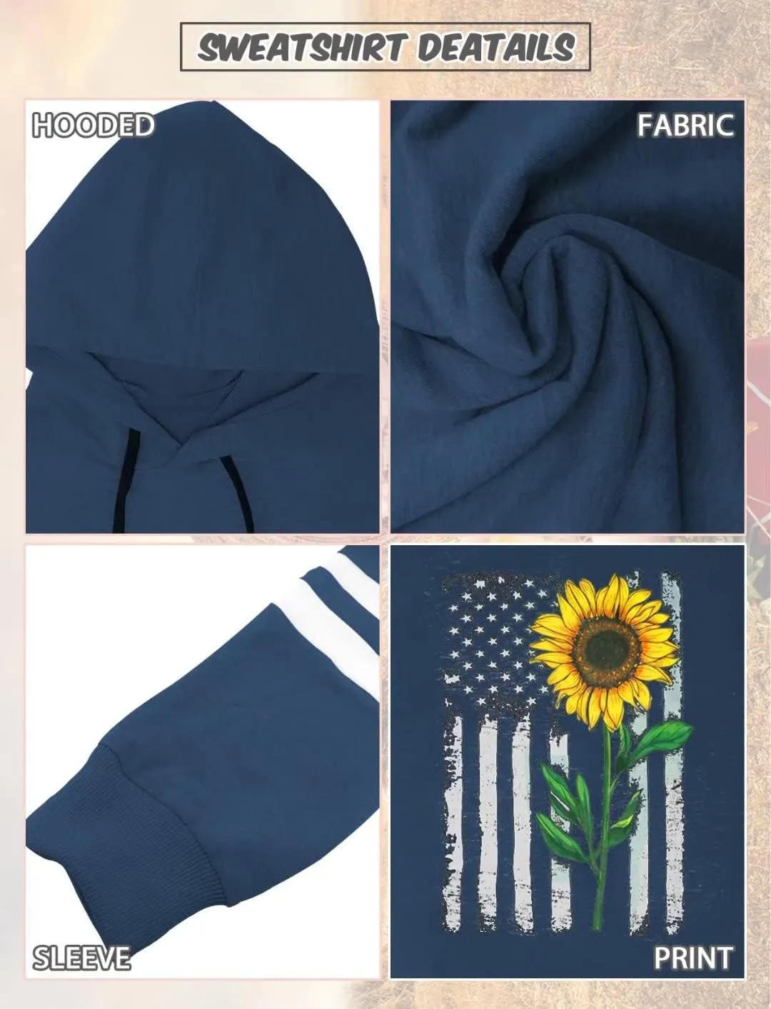 TICTICMIMI Women Sunflower Print Sweatshirts Color Block Long Sleeve Hoodies Lightweight Drawstring Pullover Tops