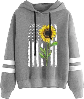TICTICMIMI Women Sunflower Print Sweatshirts Color Block Long Sleeve Hoodies Lightweight Drawstring Pullover Tops