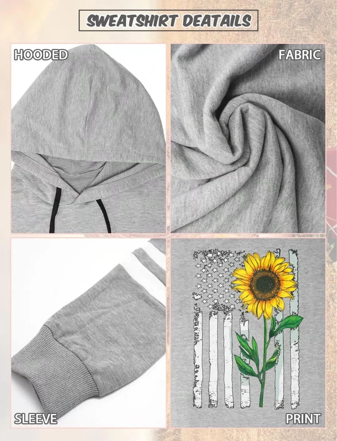 TICTICMIMI Women Sunflower Print Sweatshirts Color Block Long Sleeve Hoodies Lightweight Drawstring Pullover Tops