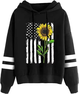 TICTICMIMI Women Sunflower Print Sweatshirts Color Block Long Sleeve Hoodies Lightweight Drawstring Pullover Tops