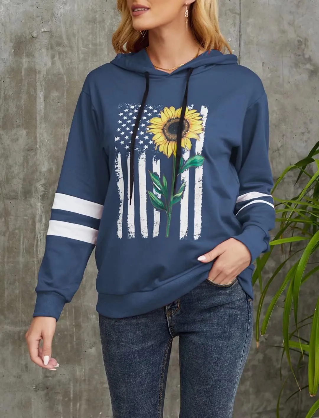 TICTICMIMI Women Sunflower Print Sweatshirts Color Block Long Sleeve Hoodies Lightweight Drawstring Pullover Tops