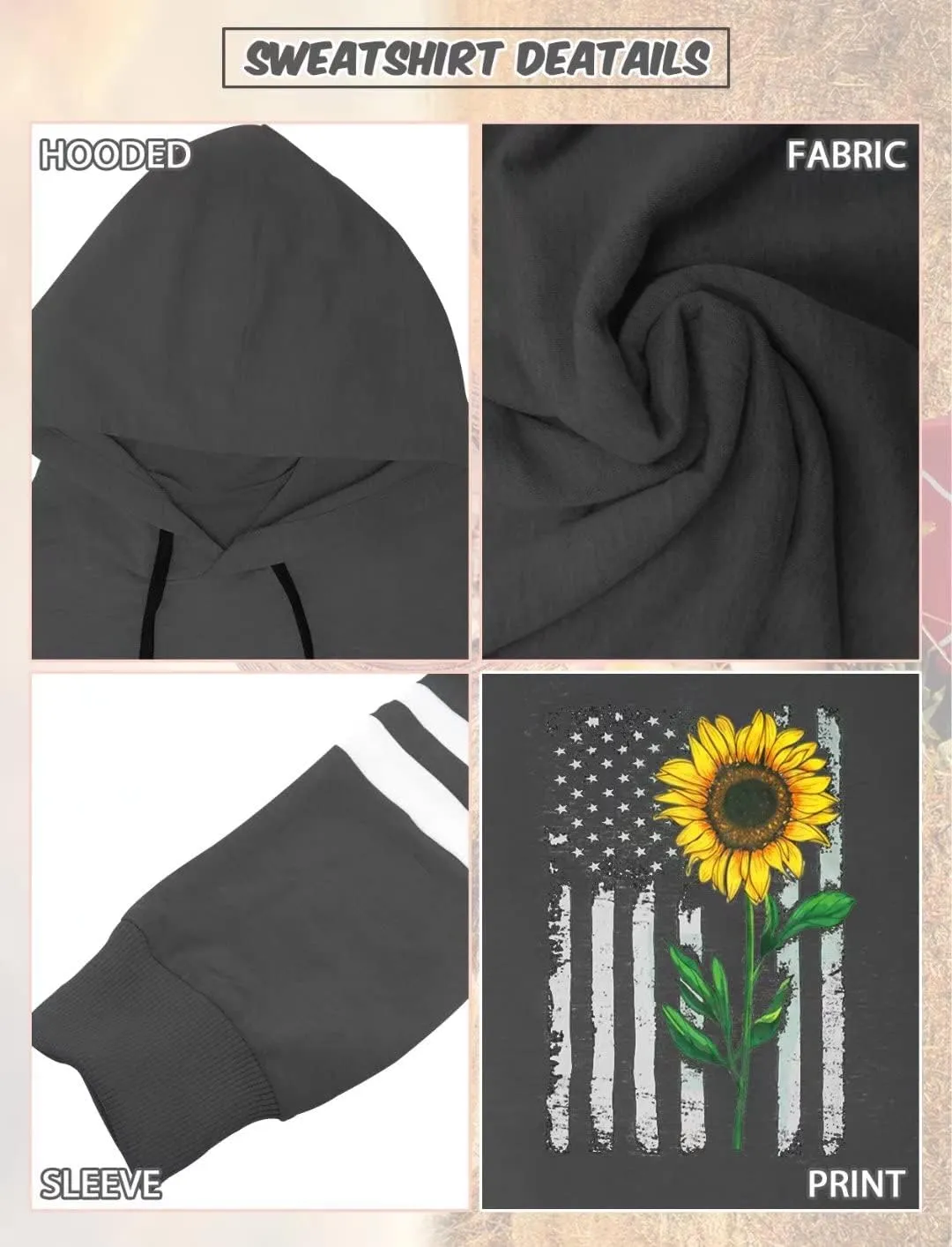 TICTICMIMI Women Sunflower Print Sweatshirts Color Block Long Sleeve Hoodies Lightweight Drawstring Pullover Tops