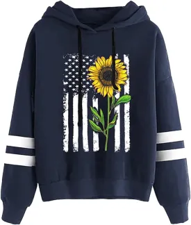 TICTICMIMI Women Sunflower Print Sweatshirts Color Block Long Sleeve Hoodies Lightweight Drawstring Pullover Tops