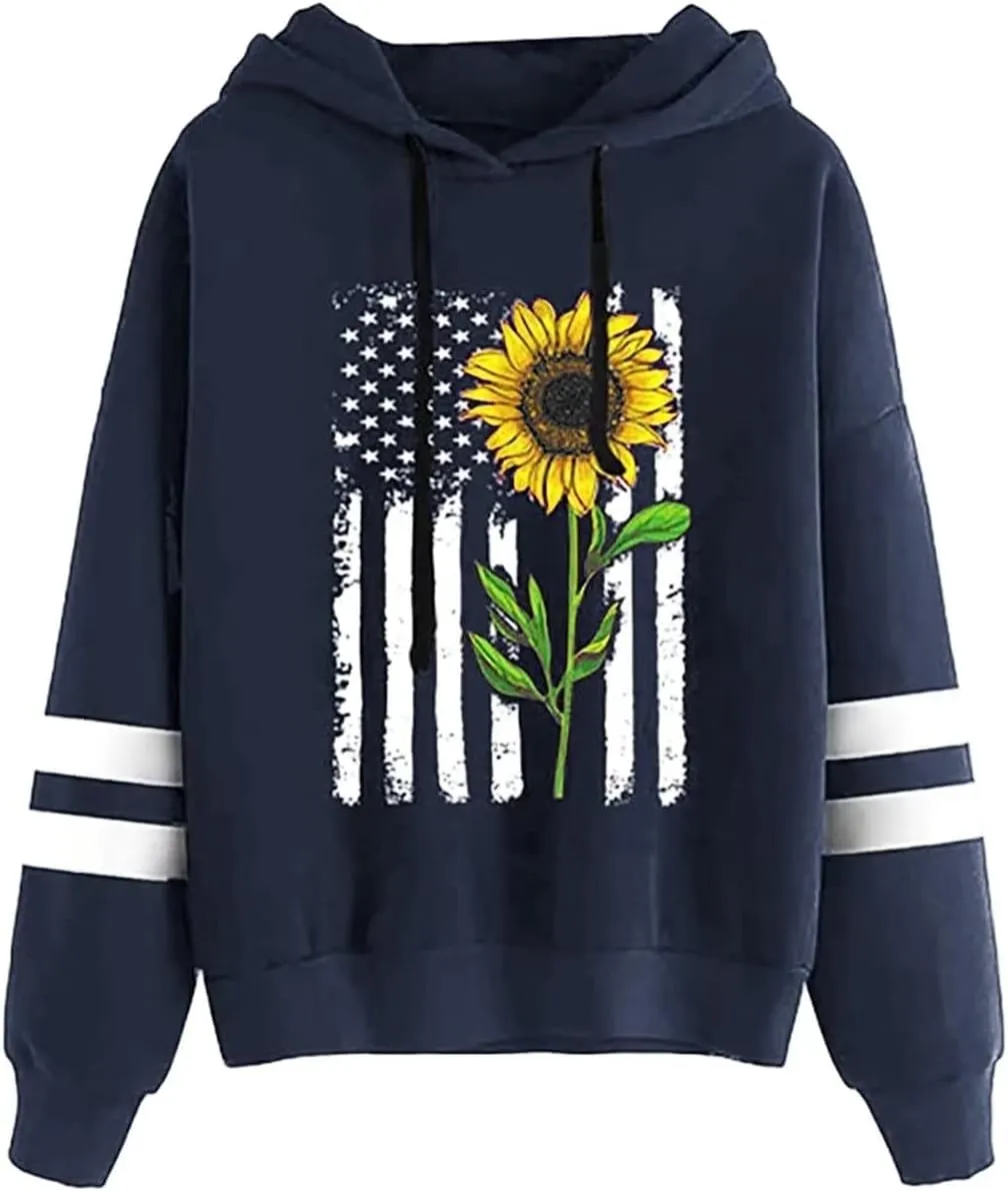 TICTICMIMI Women Sunflower Print Sweatshirts Color Block Long Sleeve Hoodies Lightweight Drawstring Pullover Tops