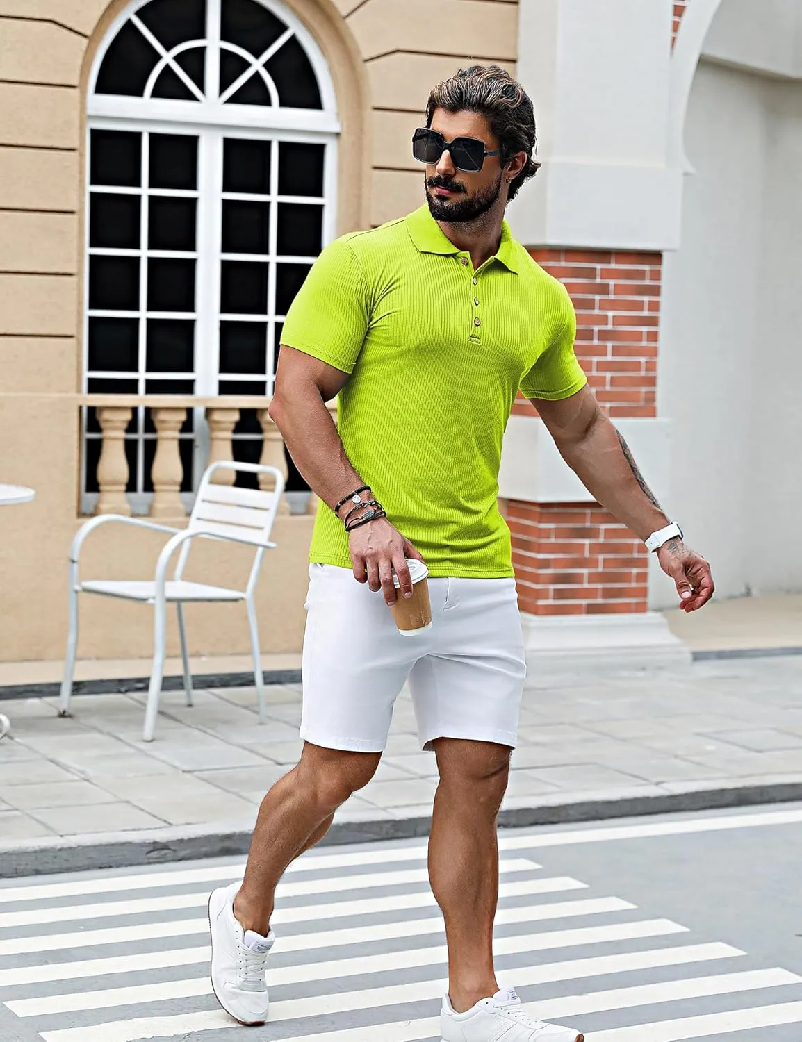 URRU Men's Muscle T Shirts Stretch Short Sleeve Workout Tee Casual Slim Fit Polo Shirt