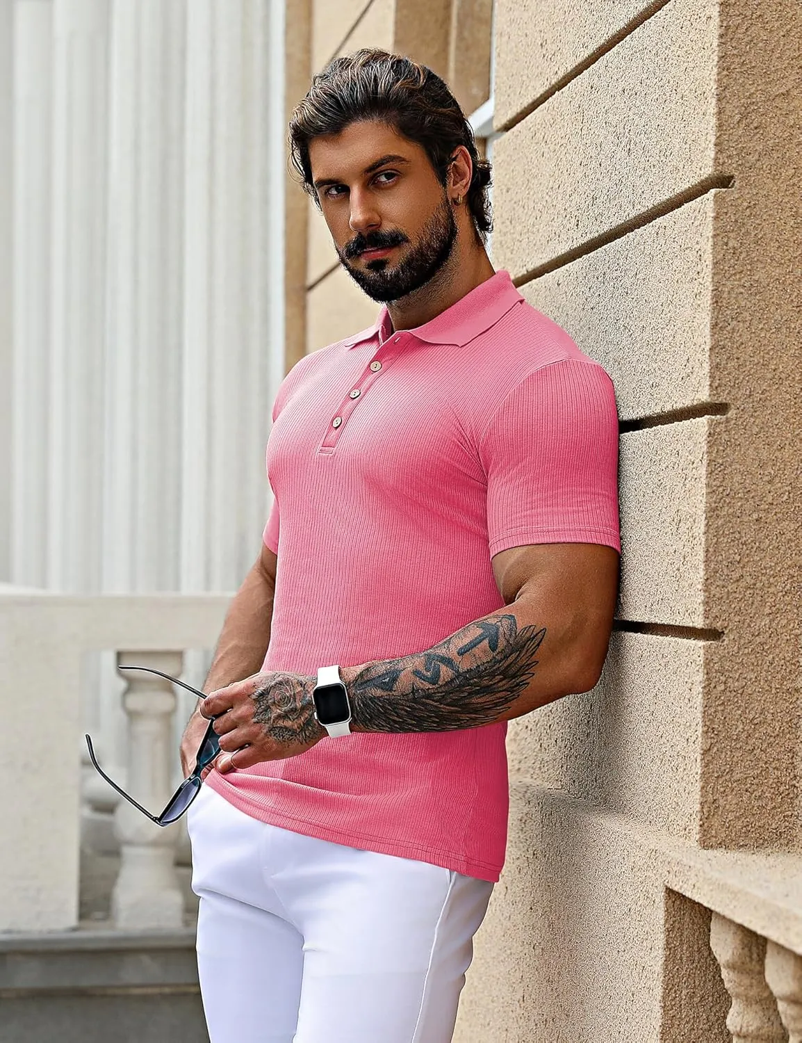 URRU Men's Muscle T Shirts Stretch Short Sleeve Workout Tee Casual Slim Fit Polo Shirt