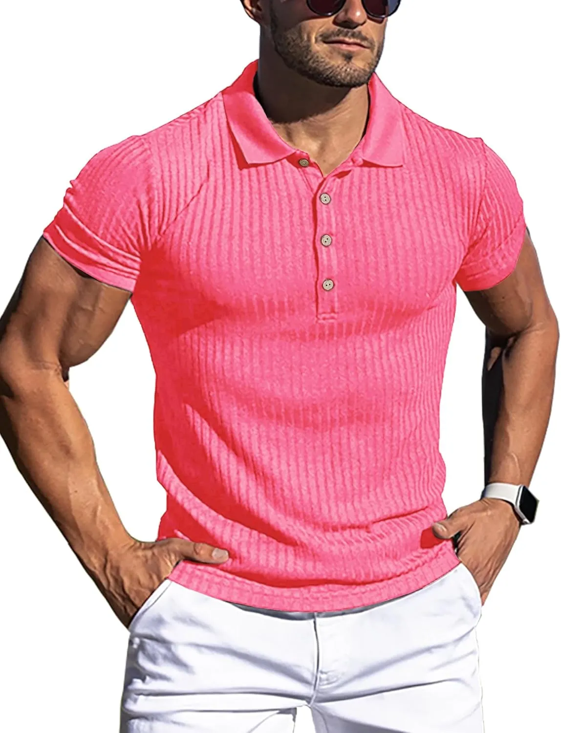 URRU Men's Muscle T Shirts Stretch Short Sleeve Workout Tee Casual Slim Fit Polo Shirt
