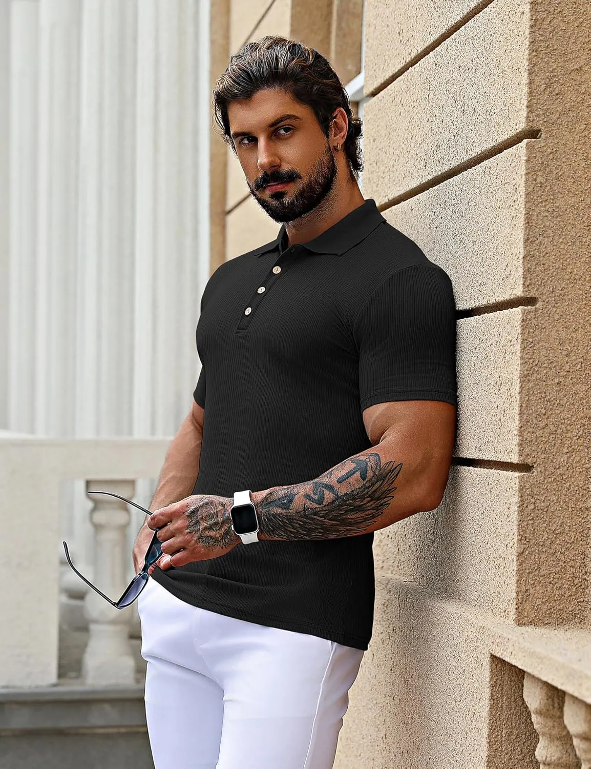 URRU Men's Muscle T Shirts Stretch Short Sleeve Workout Tee Casual Slim Fit Polo Shirt