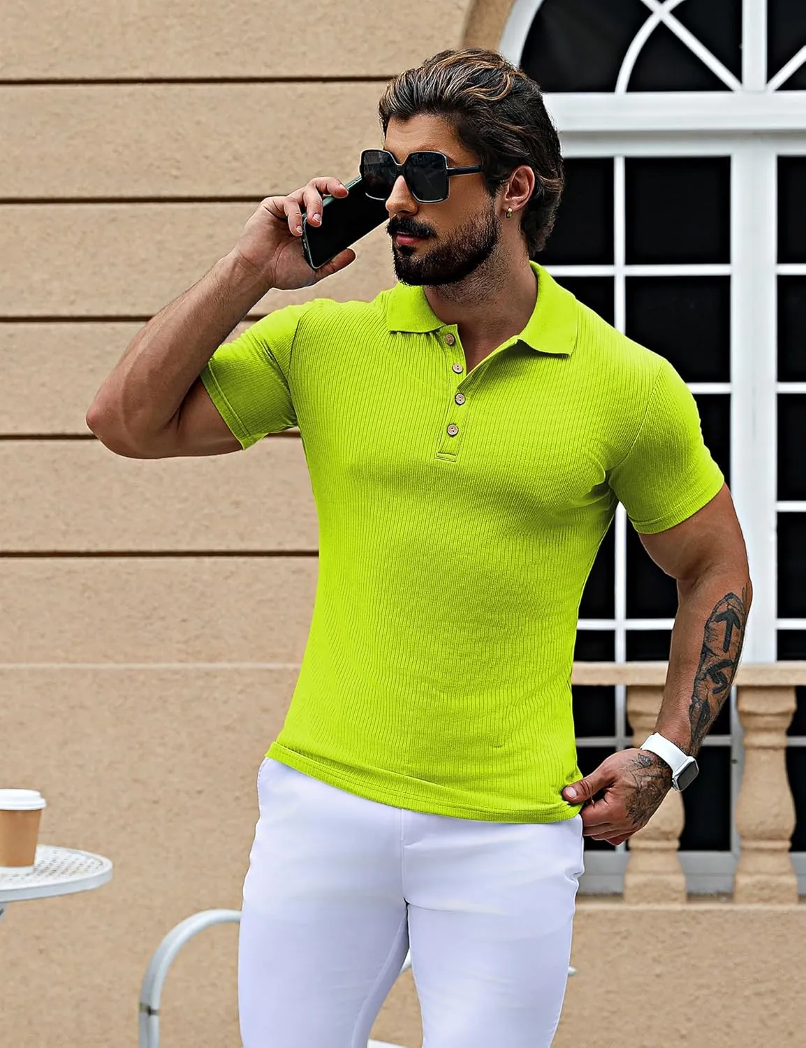 URRU Men's Muscle T Shirts Stretch Short Sleeve Workout Tee Casual Slim Fit Polo Shirt