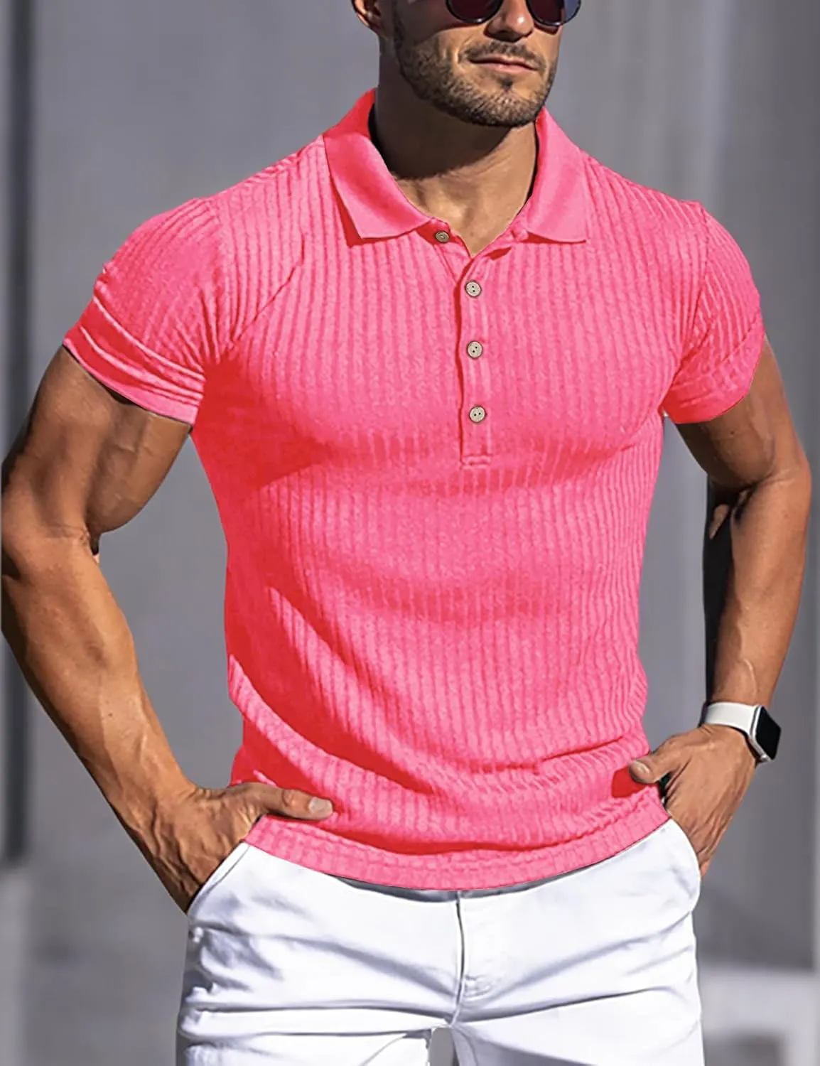 URRU Men's Muscle T Shirts Stretch Short Sleeve Workout Tee Casual Slim Fit Polo Shirt