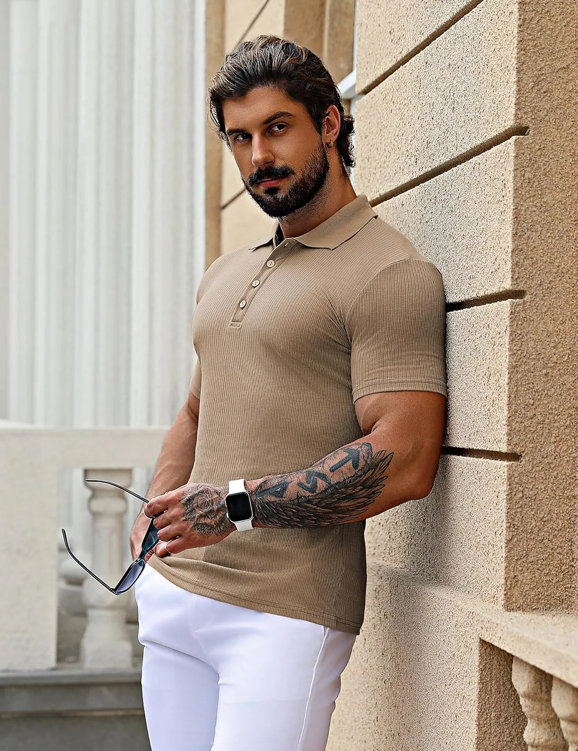 URRU Men's Muscle T Shirts Stretch Short Sleeve Workout Tee Casual Slim Fit Polo Shirt