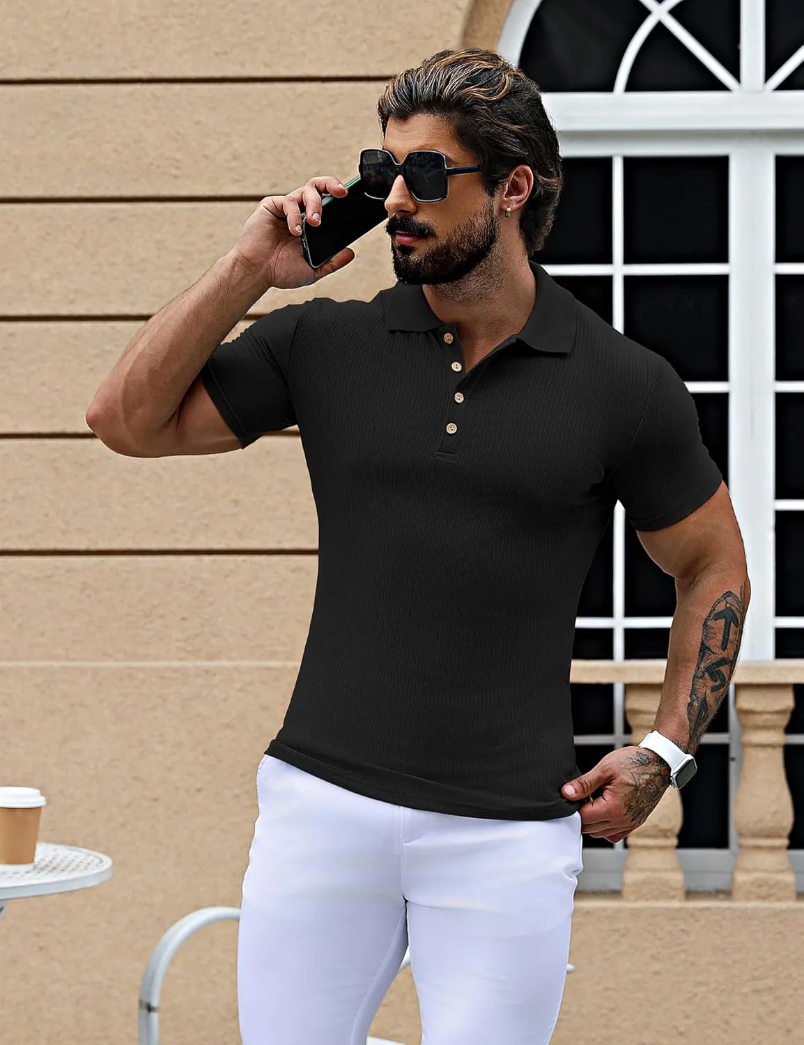 URRU Men's Muscle T Shirts Stretch Short Sleeve Workout Tee Casual Slim Fit Polo Shirt