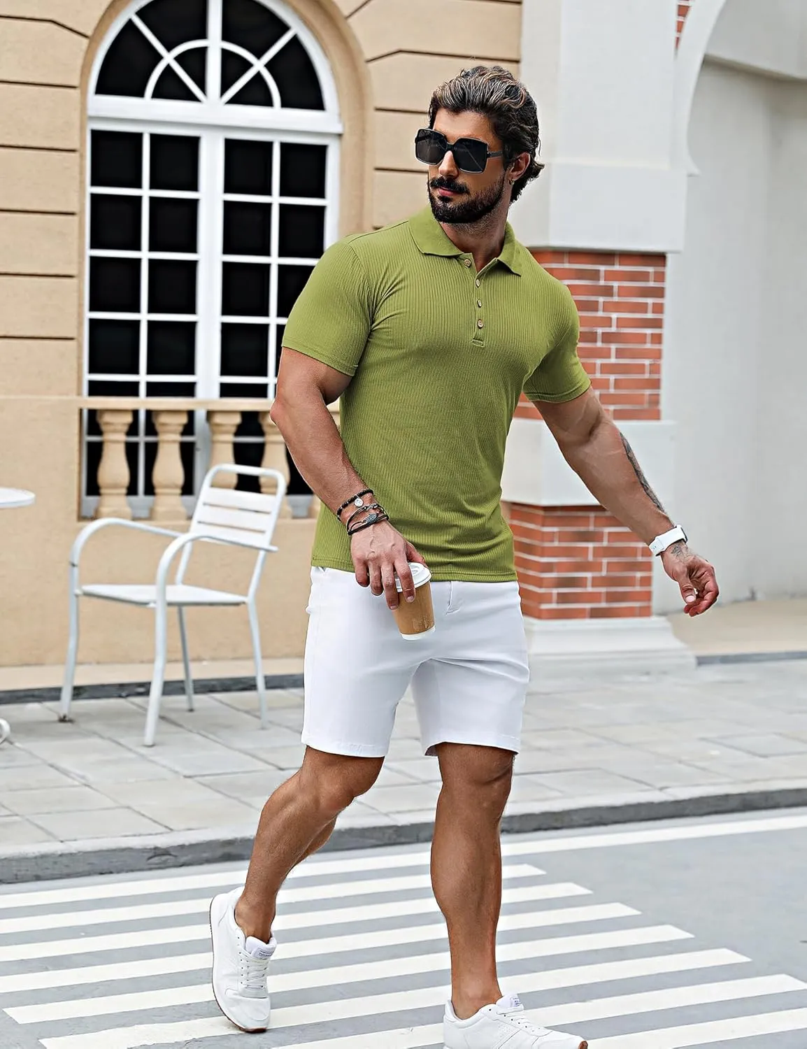 URRU Men's Muscle T Shirts Stretch Short Sleeve Workout Tee Casual Slim Fit Polo Shirt