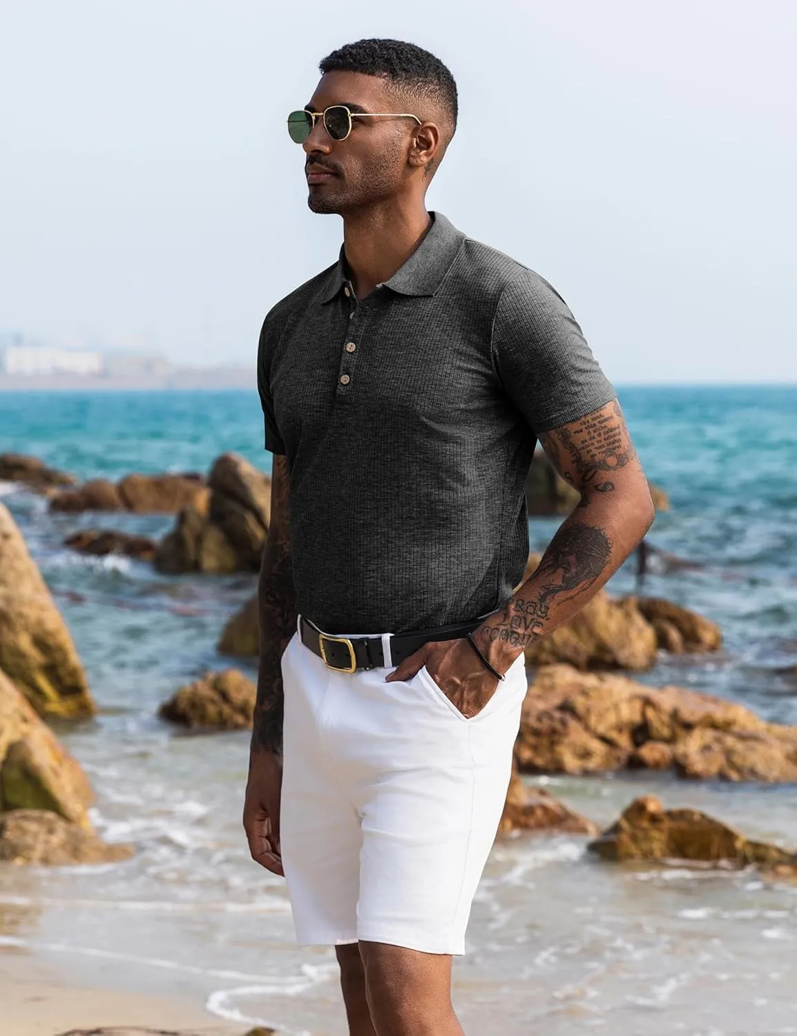 URRU Men's Muscle T Shirts Stretch Short Sleeve Workout Tee Casual Slim Fit Polo Shirt