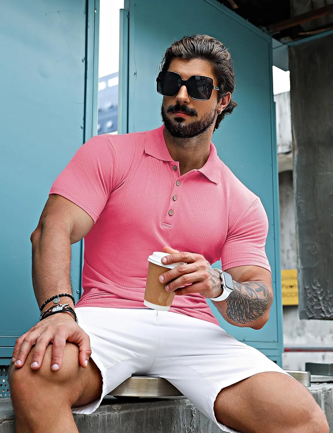 URRU Men's Muscle T Shirts Stretch Short Sleeve Workout Tee Casual Slim Fit Polo Shirt