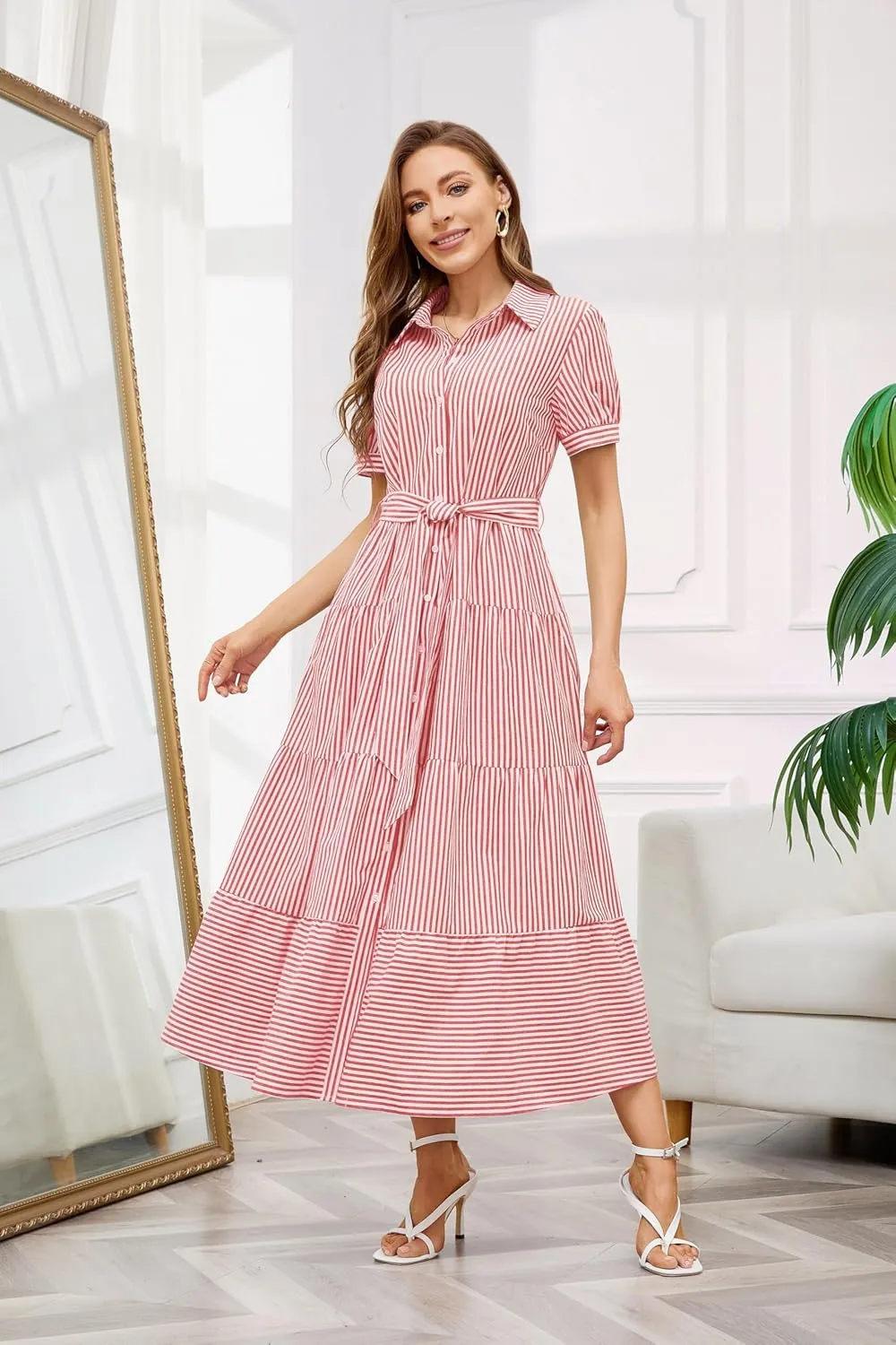 utcoco Womens Casual Short Sleeve Button Down Tie Waist Ruffled Striped Maxi Shirt Dress