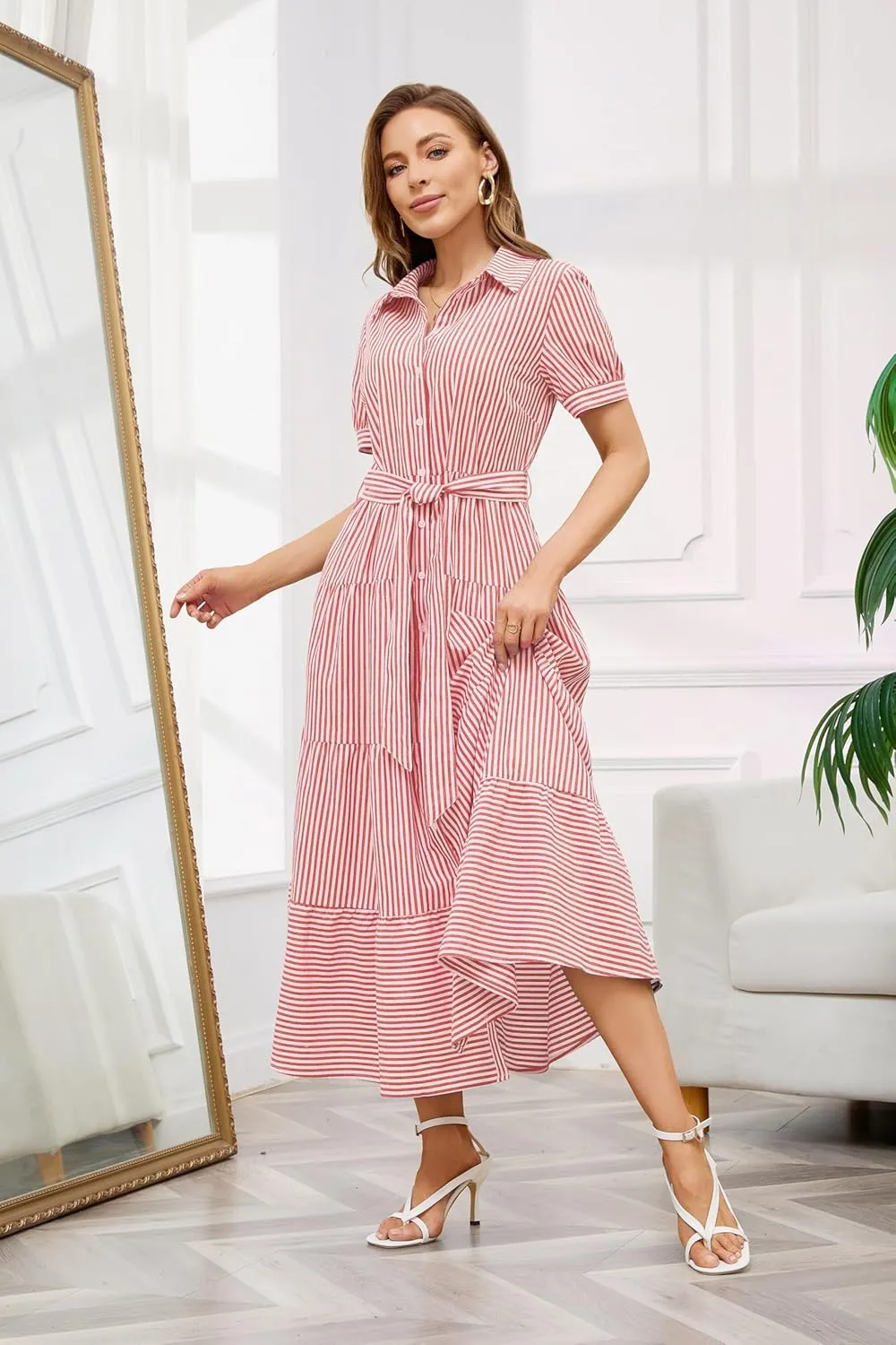 utcoco Womens Casual Short Sleeve Button Down Tie Waist Ruffled Striped Maxi Shirt Dress