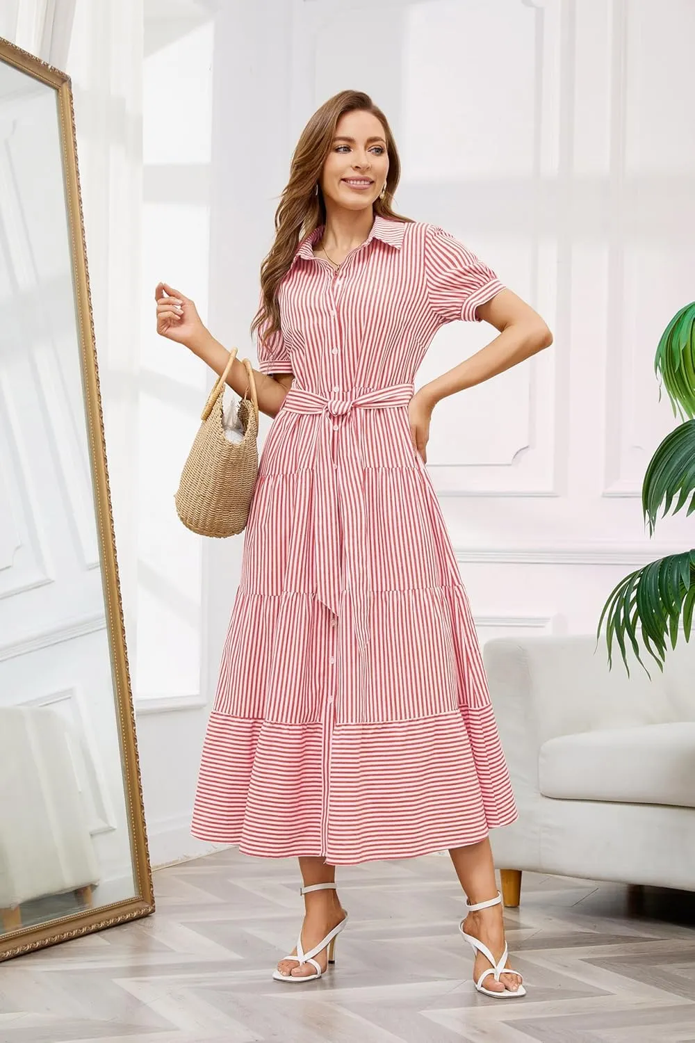 utcoco Womens Casual Short Sleeve Button Down Tie Waist Ruffled Striped Maxi Shirt Dress