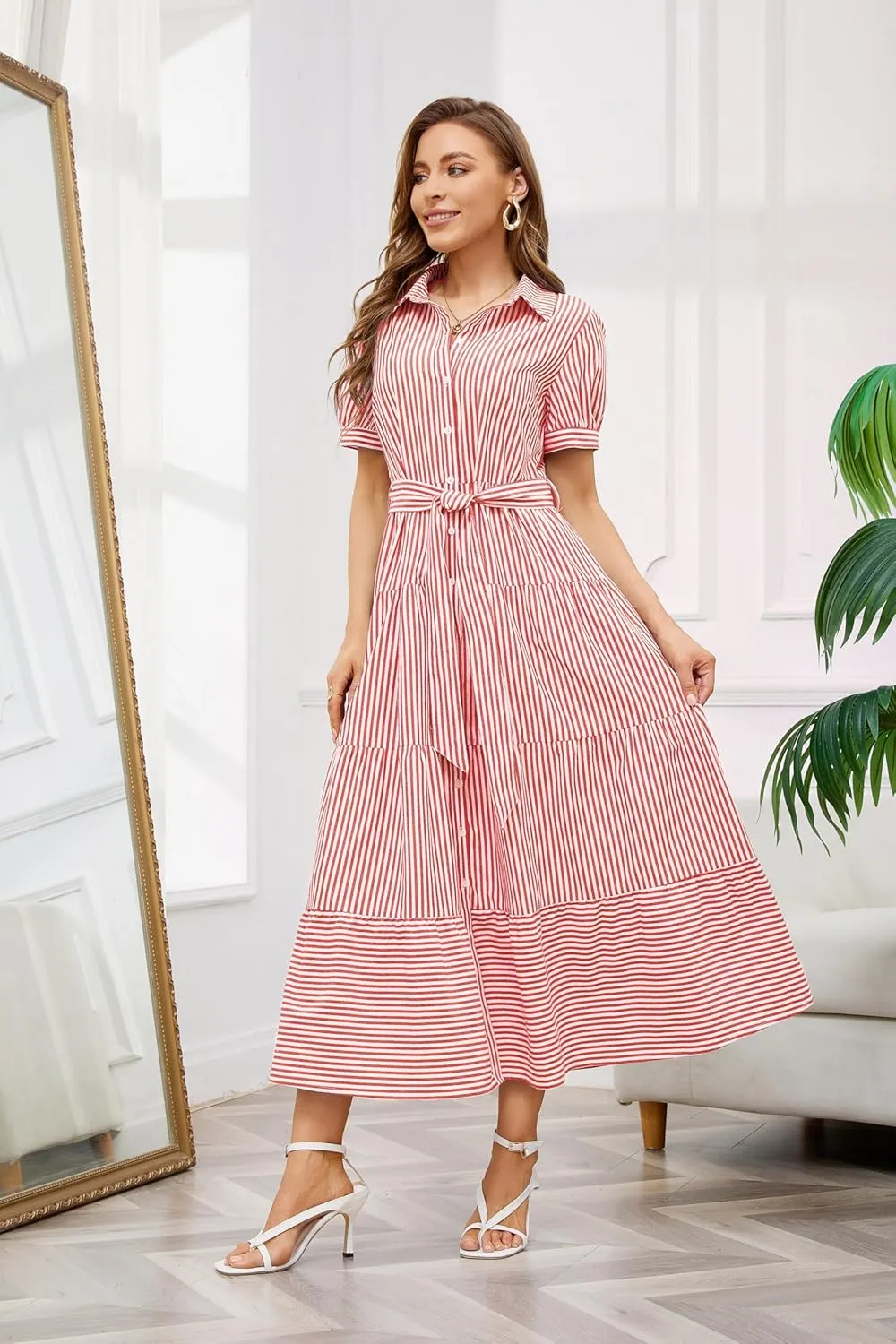 utcoco Womens Casual Short Sleeve Button Down Tie Waist Ruffled Striped Maxi Shirt Dress