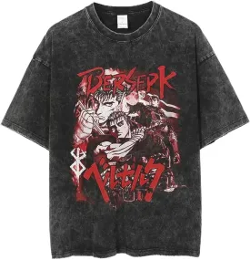 Vintage Washed Anime Graphic Short Sleeves T-Shirt, Black Cotton, Oversized Fit Streetwear, S-3XL